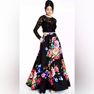 Size 1-2 Black Floral Long Sleeve 2 Pc Prom Homecoming Dress With Pockets NWT